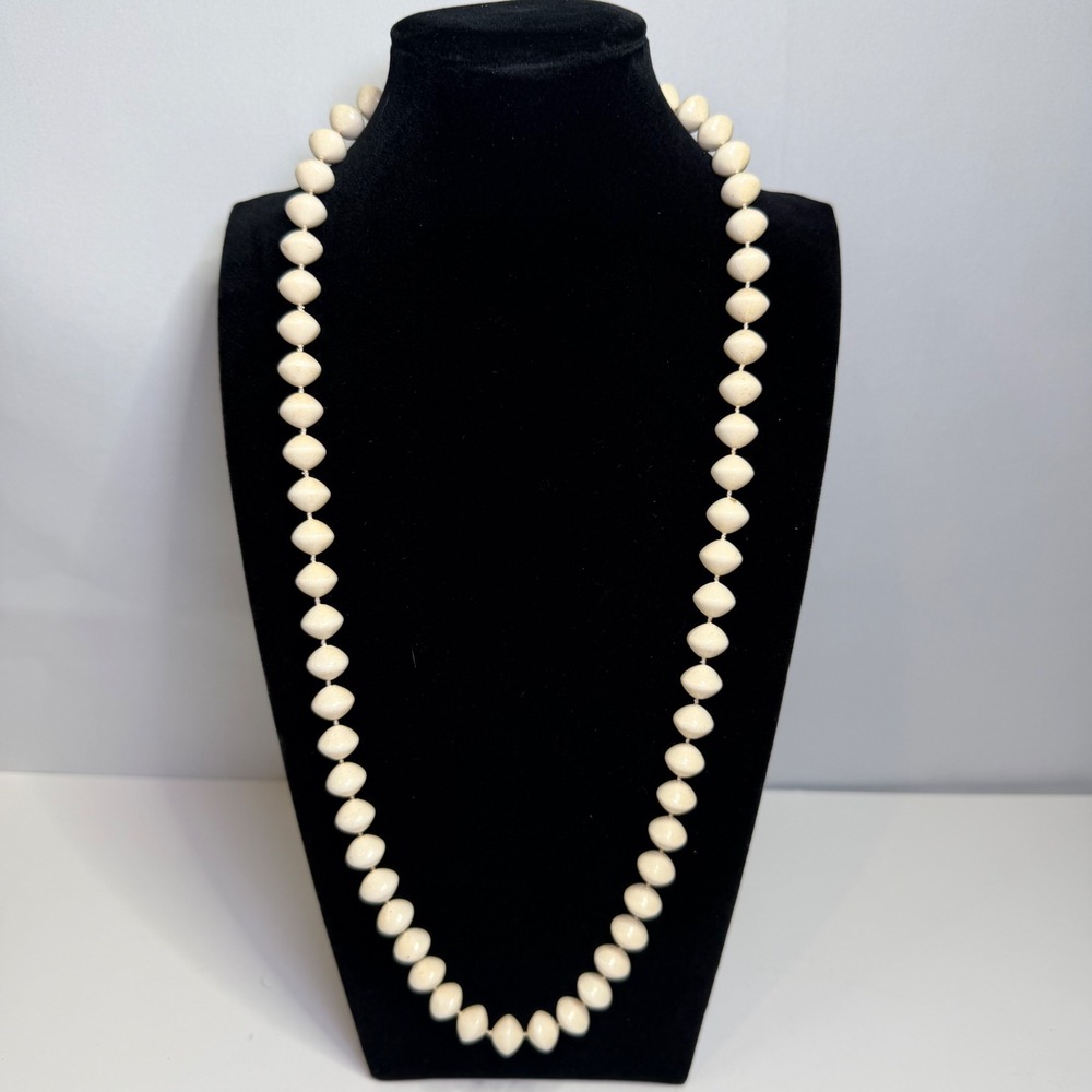 Vintage Cream Bicone Bead Necklace Speckled Off White Long Strand Geometric
